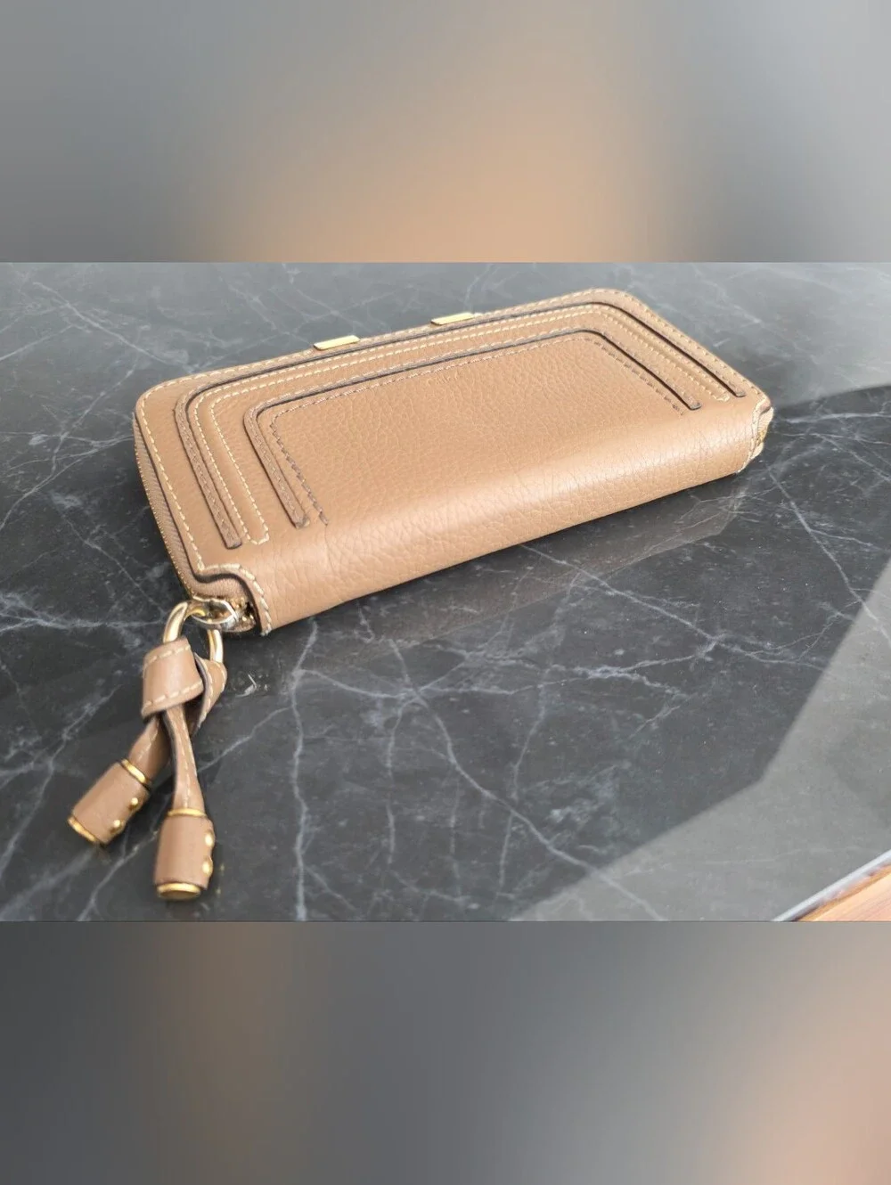 Authentic Chloé Marcie Leather Wallet Tan Brass Hardware